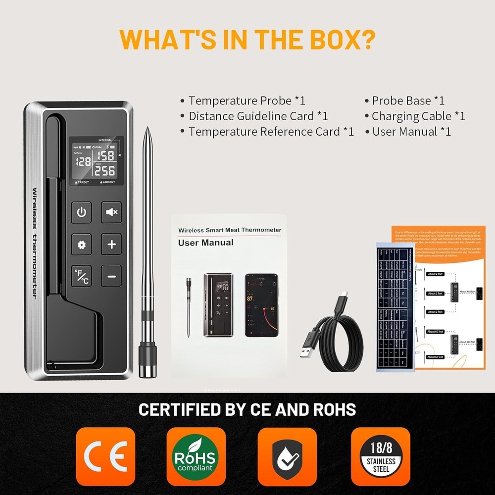 Wireless Meat Thermometer with Smart Timer & APP Control, 800ft Bluetooth Gri