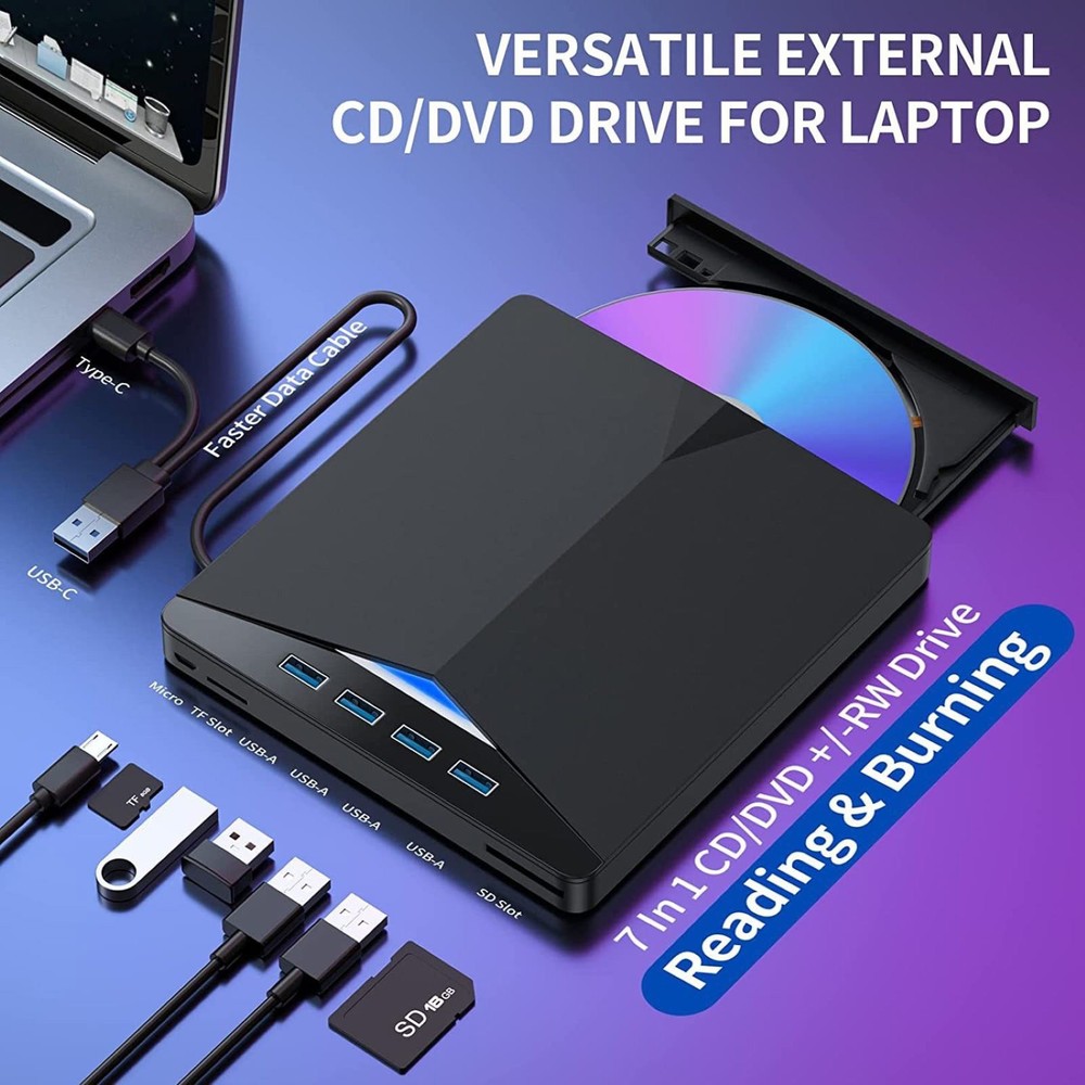 Plug-and-Play External CD DVD Drive PC Laptop Burner Reader Writer USB 3.0