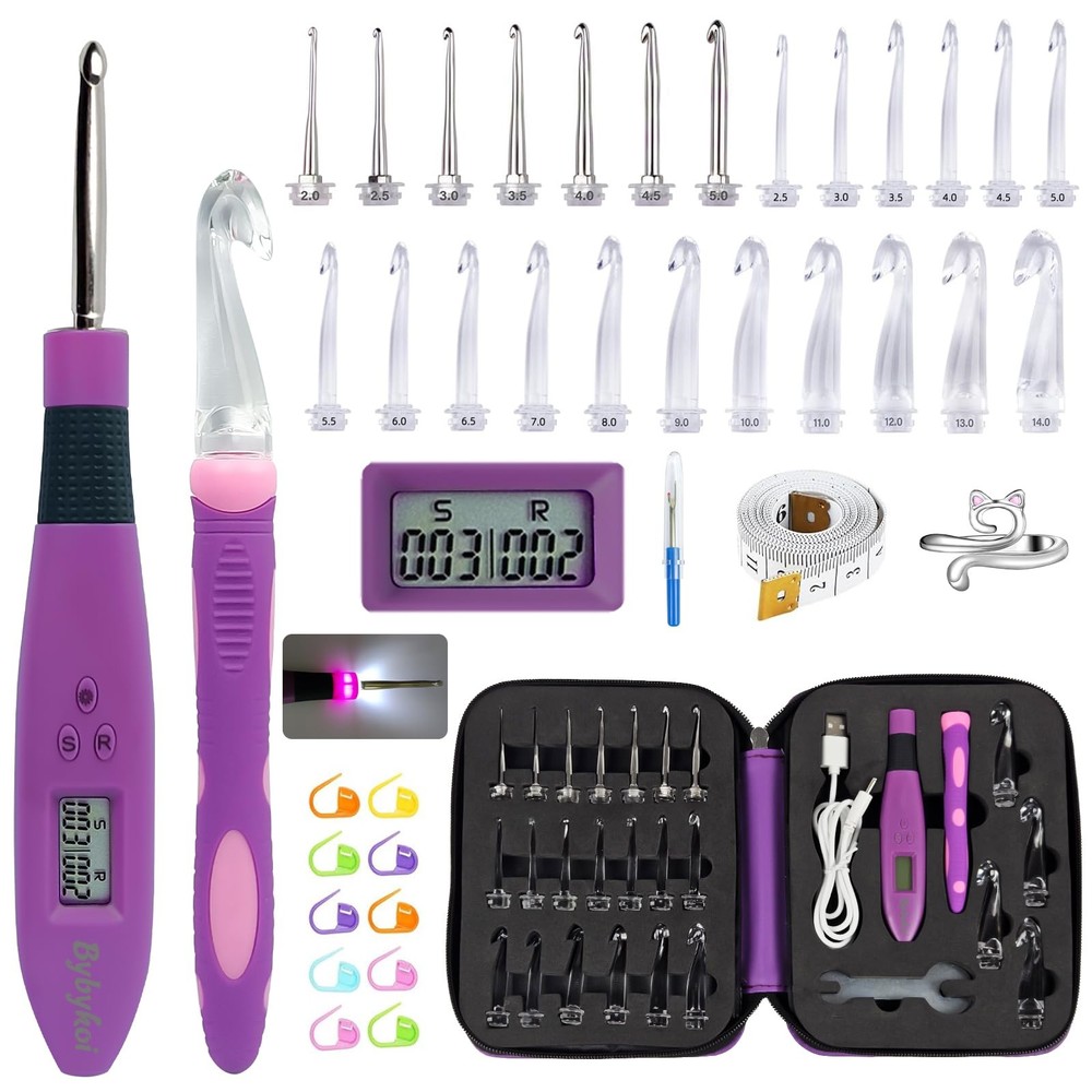 Bybykoi Light Up Crochet Hooks Set with 24 Interchangeable Crochet Kit, Digit...