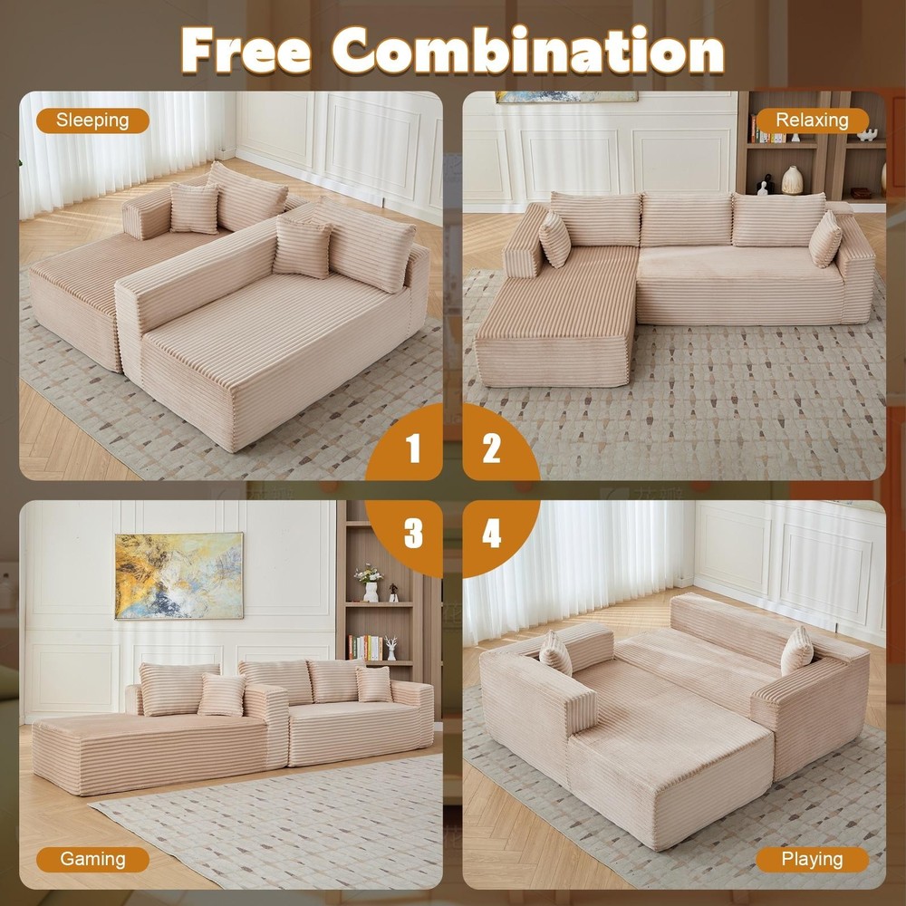Compression Sectional Couch W/ Chaise | L-Shape Sleeper Sofa | Corduroy Beige
