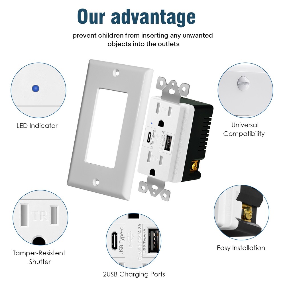 10Pk 4.2A USB Type A & Type C Wall Charging Outlet Tamper-Resistant for iPhone