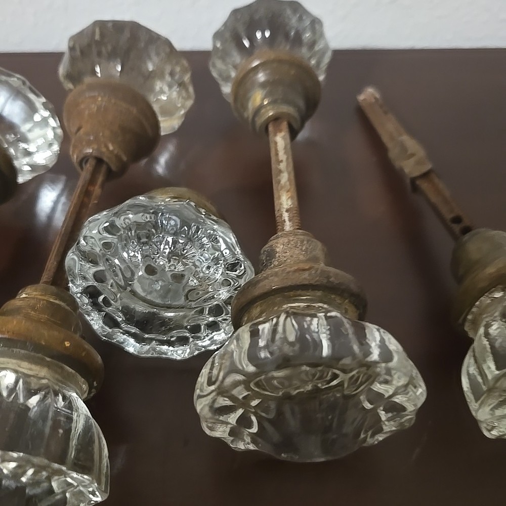 4 Sets Of Antique Glass Door Knobs 12 Point w/ Spindle - 8 Glass Knobs