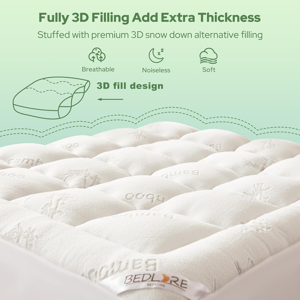 Soft Bamboo Mattress Pad - Stretchable Pockets - Queen Size