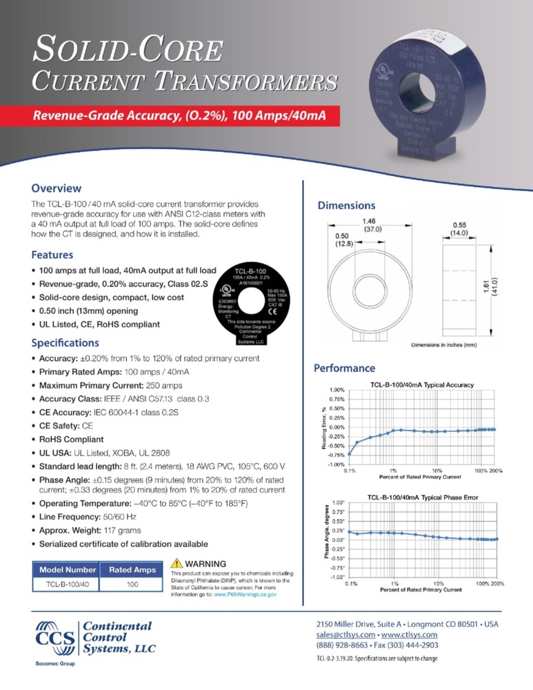 CCS TCL-B-100/40 mA Current Transformer Solid Core 1/2" Window 0.2% UL XOBA