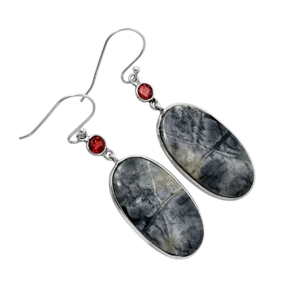Picasso Jasper & Garnet Solid 925 Sterling Silver Earrings