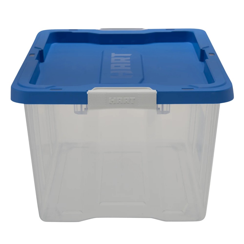 HART 68 Quart Clear Latching Plastic Storage Bin Container, Clear with Blue Lid,