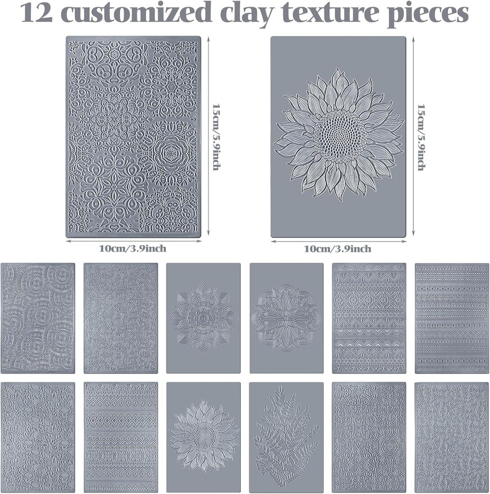 12 Pcs Polymer Clay Texture Sheets Mat Works with Cutter gray