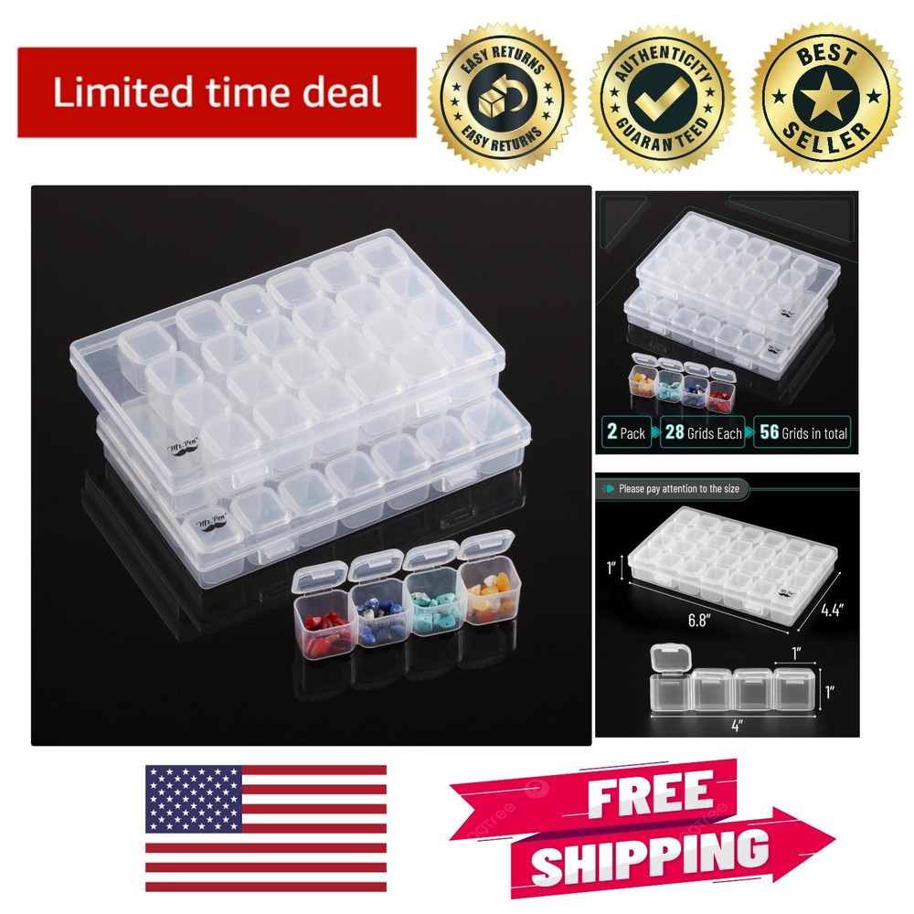 28-Grid Bead Storage Containers - 2 Pack with 160 Label Stickers for Crafting