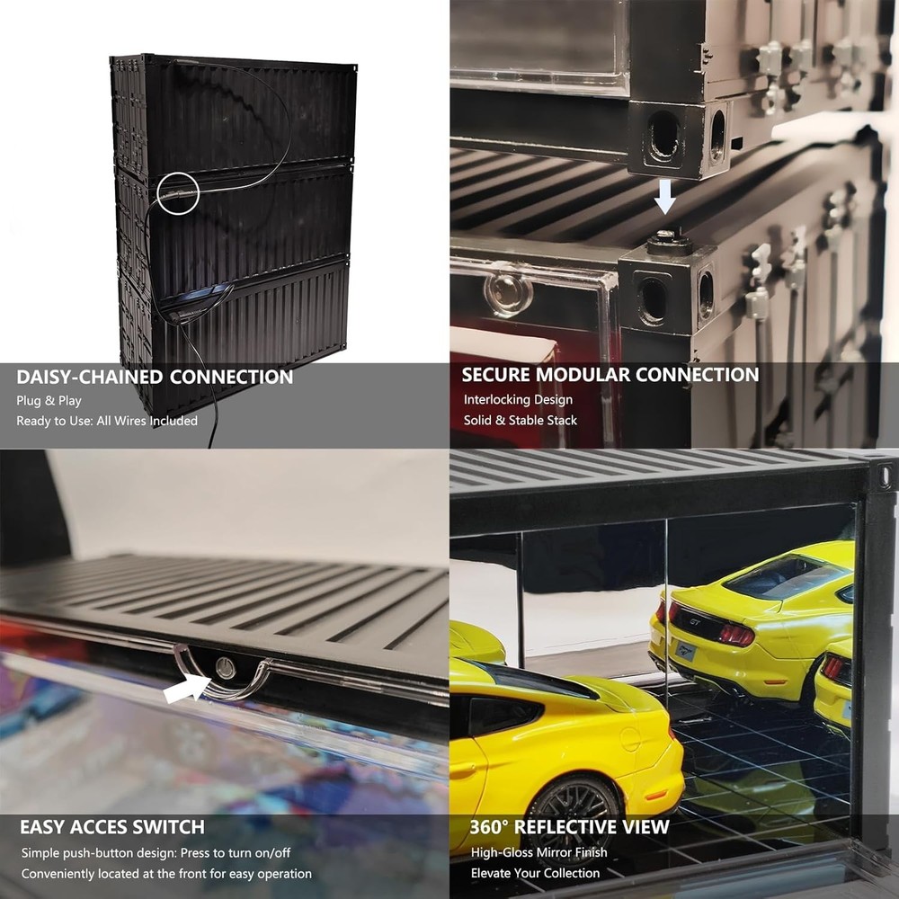 LED Illuminated 1/18 Scale Model Car Display Case - Shipping Container Design