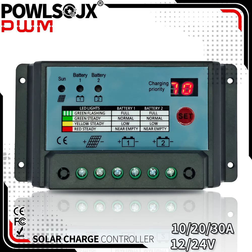 Dual-Battery Solar Controller - 10A/20A/30A PWM for 12V/24V Systems - Two Batter