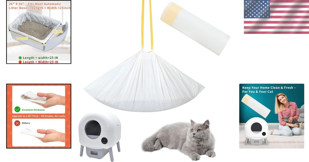Durable & Odor-Control Cat Litter Box Liners with Easy Tie Drawstring - 20 Count