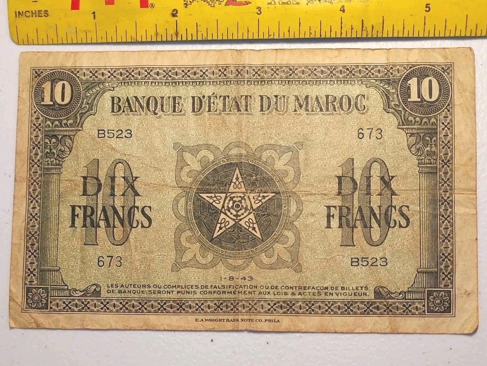 Old Morocco 10 Francs 1943 Banknote WWII Era