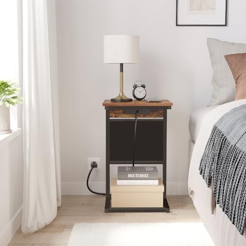 C Shaped End Table with Charging Station, Side Table for Sofa, Couch 2 Brown