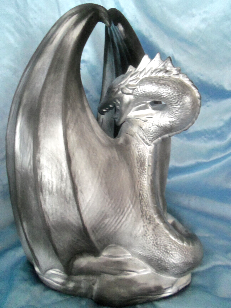 Large Mythical Winged Pewter Tinted Silver Dragon Statue 15"