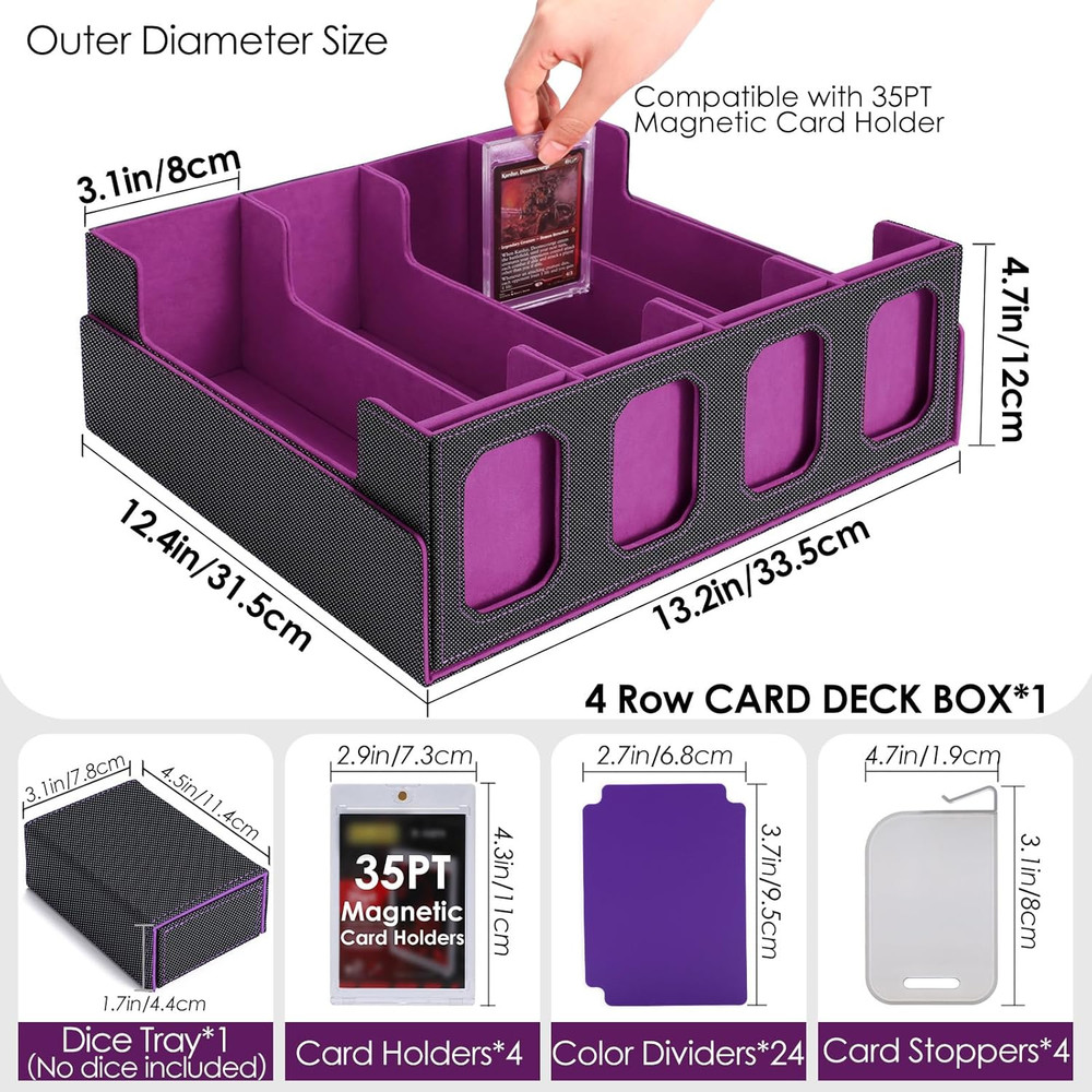 Trading Card Storage Box with Commander Display, 4-Row Deck Case with Removable