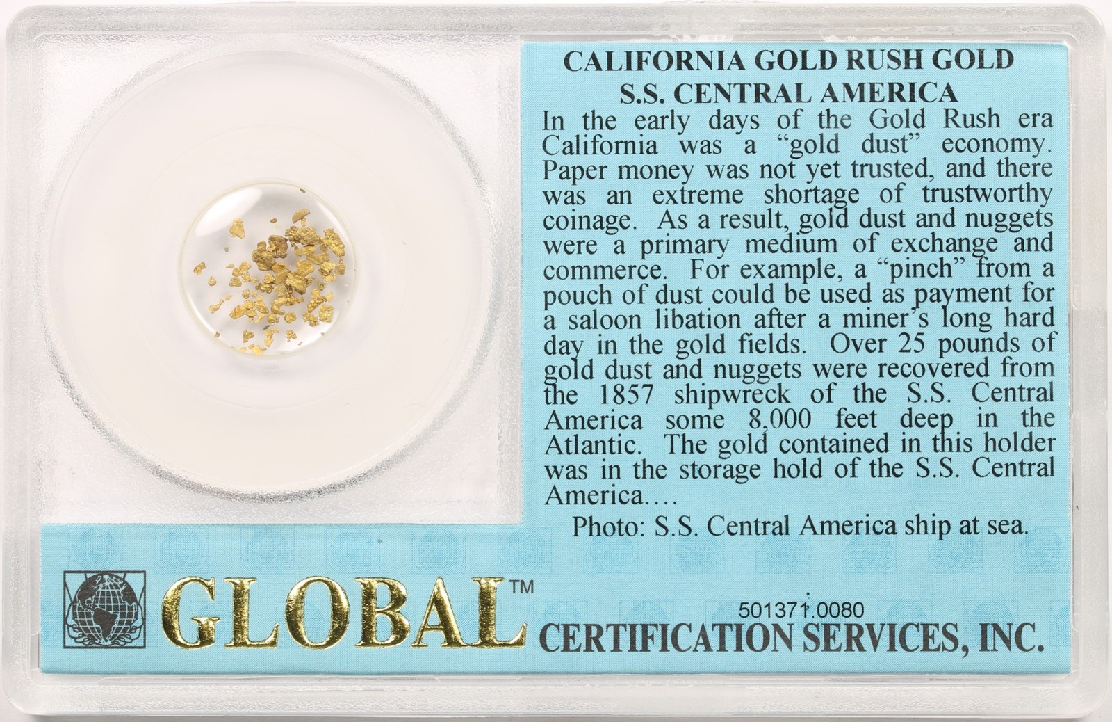 49-er California Gold Pinch S.S. Central America Shipwreck Recovered GCS