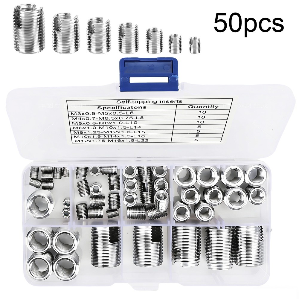 50PCS Stainless Steel Self-Tapping Quick Thread Inserts Set M3-M16 Repair w/ box