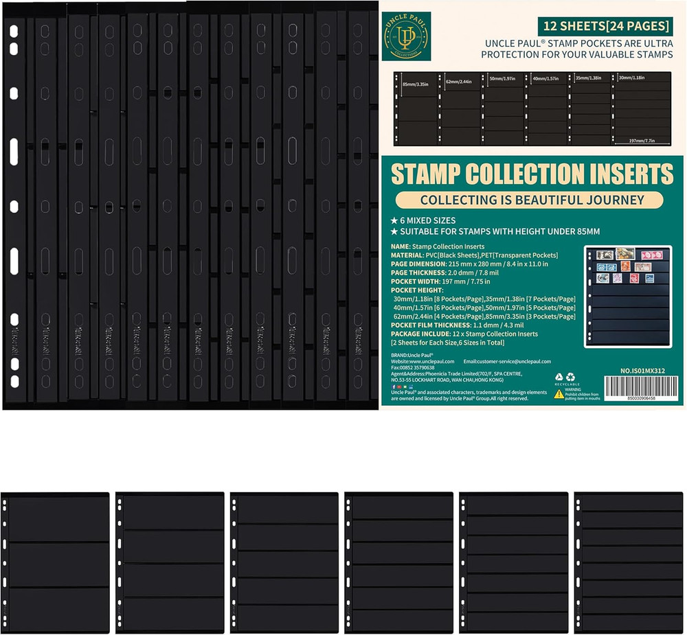 Stamp Collection Inserts - Collector Stamp Album 12 Sheets with 6 Mixed Sizes fo