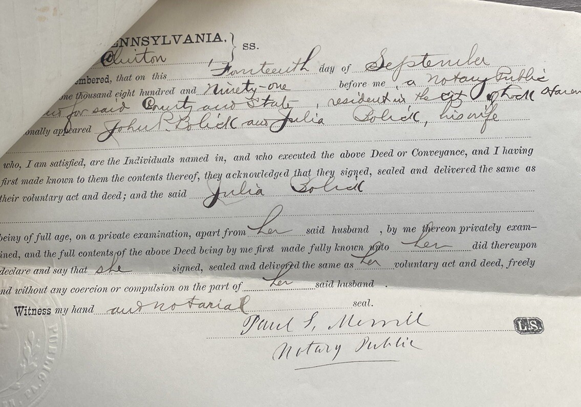 19th Century 1891 Articles of Agreement Clinton Cty PA Summit Cty Ohio, Woman