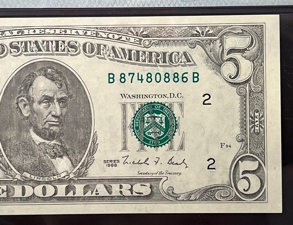 "Insufficient Inking Error" (full face) 1988 $5 FRN, Fr#1979-B, Gem Unc 66 EPQ;