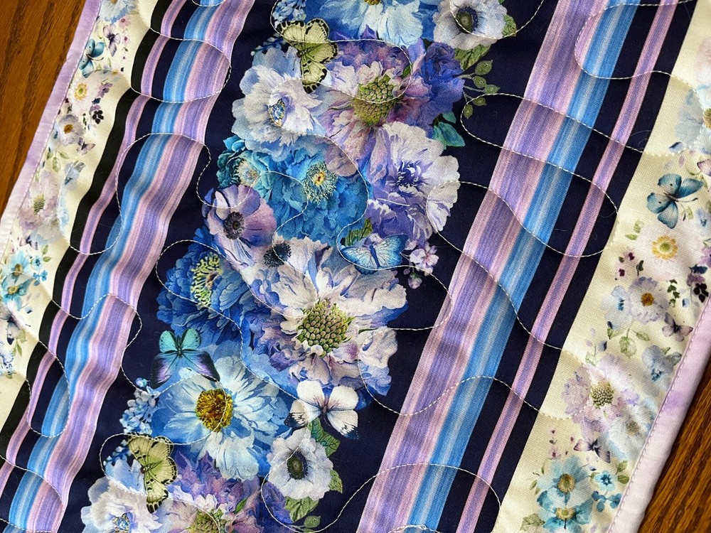 Handcrafted-Quilted Table Runner- Spring Has Arrived -Flowers Various Blues 2025