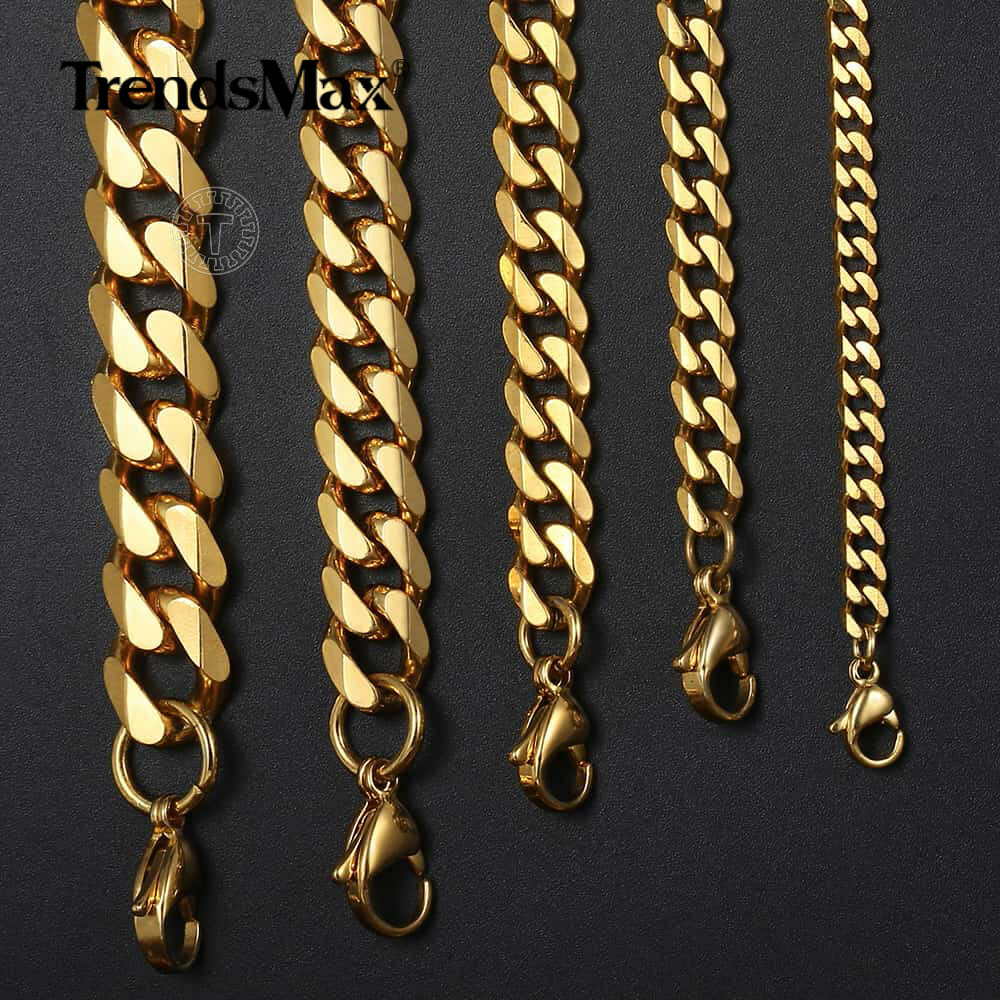 14K Gold Plated Stainless Steel Cuban Curb Chain Necklace Bracelet 3/5/7/9/11mm