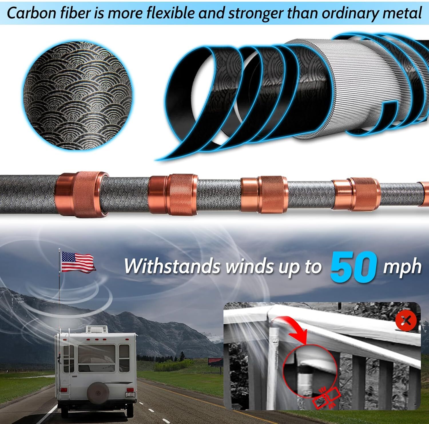 RV Ladder Flagpole Kit, Carbon Fiber Telescopic Flagpole - 20ft Adjustable