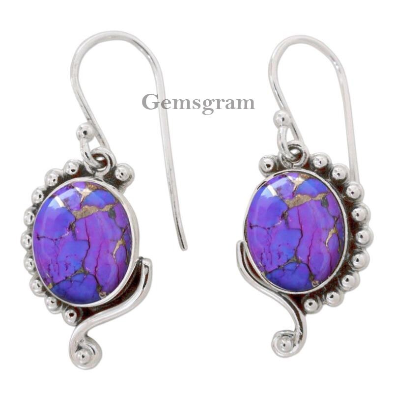 Solid-925 Sterling Silver Gemstone Purple Copper Turquoise Beautiful Earring Gft