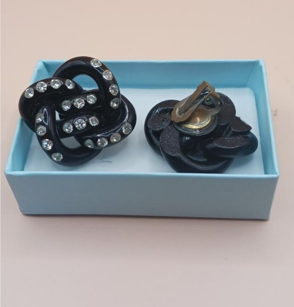 Black Knot Celluloid Rhinestone ClipOn Earrings