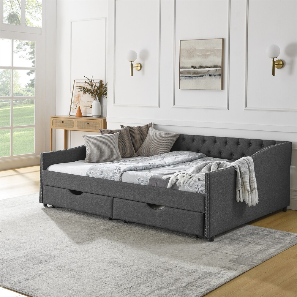 Queen Size Daybed w/ 2 Storage Drawers Upholstered Bed Frame Sofa Bed US