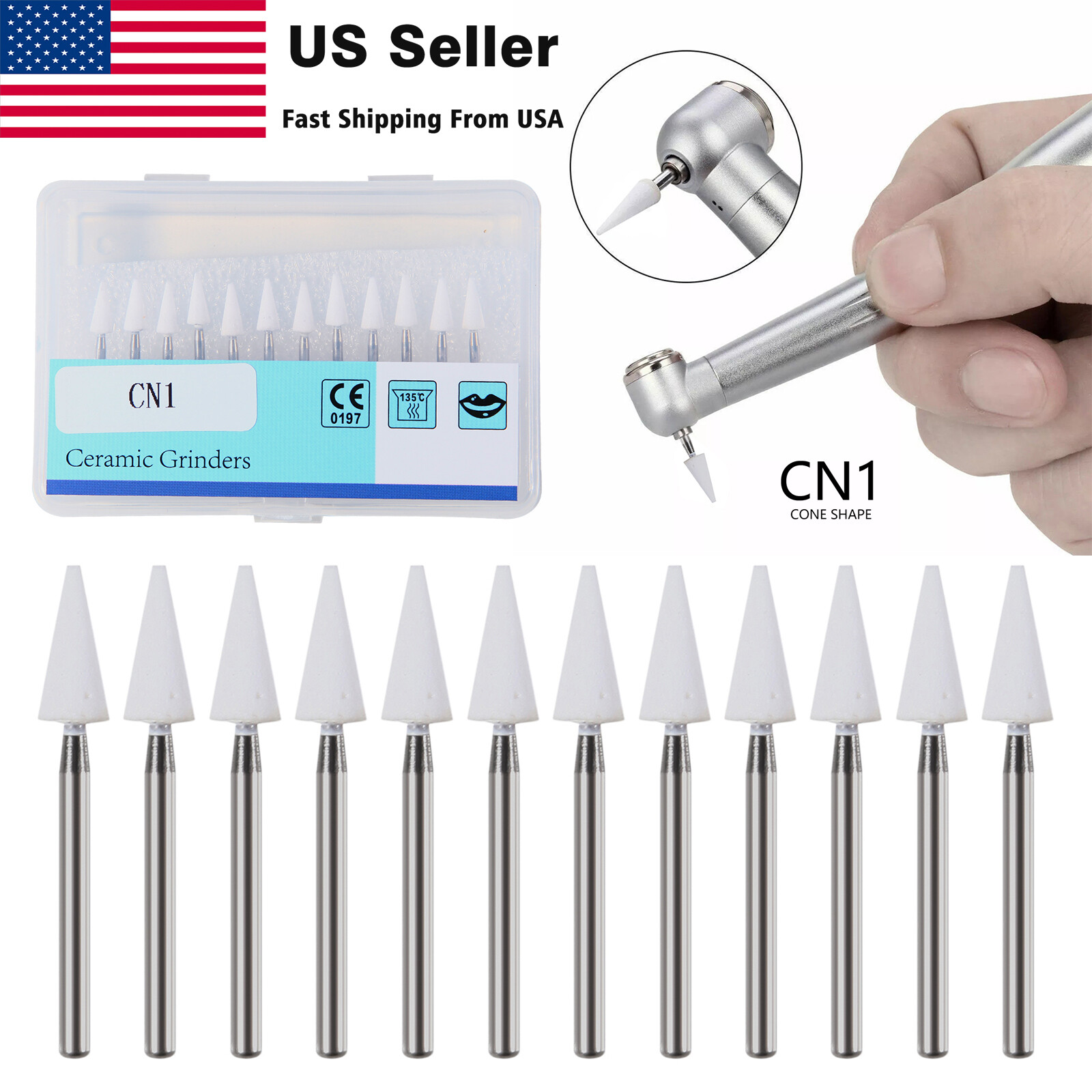 Dental White Stone Aluminum Oxide Polishing FG Burs For High &Low Speed 12/pk st