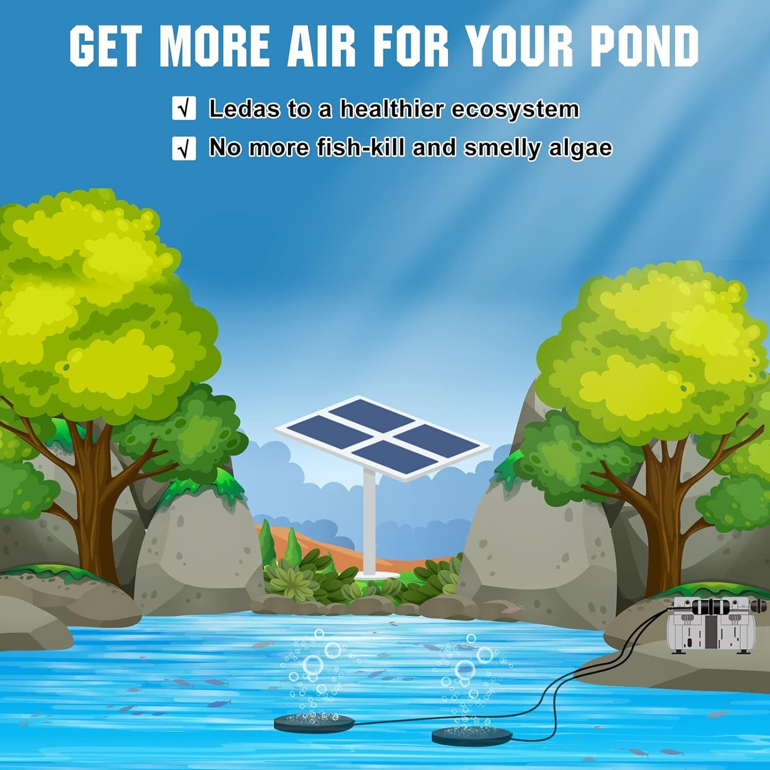 5.76CFM Solar Pond Aerator 300W Pond & Lake Aerator 2pcs 24Ah Lithium Battery