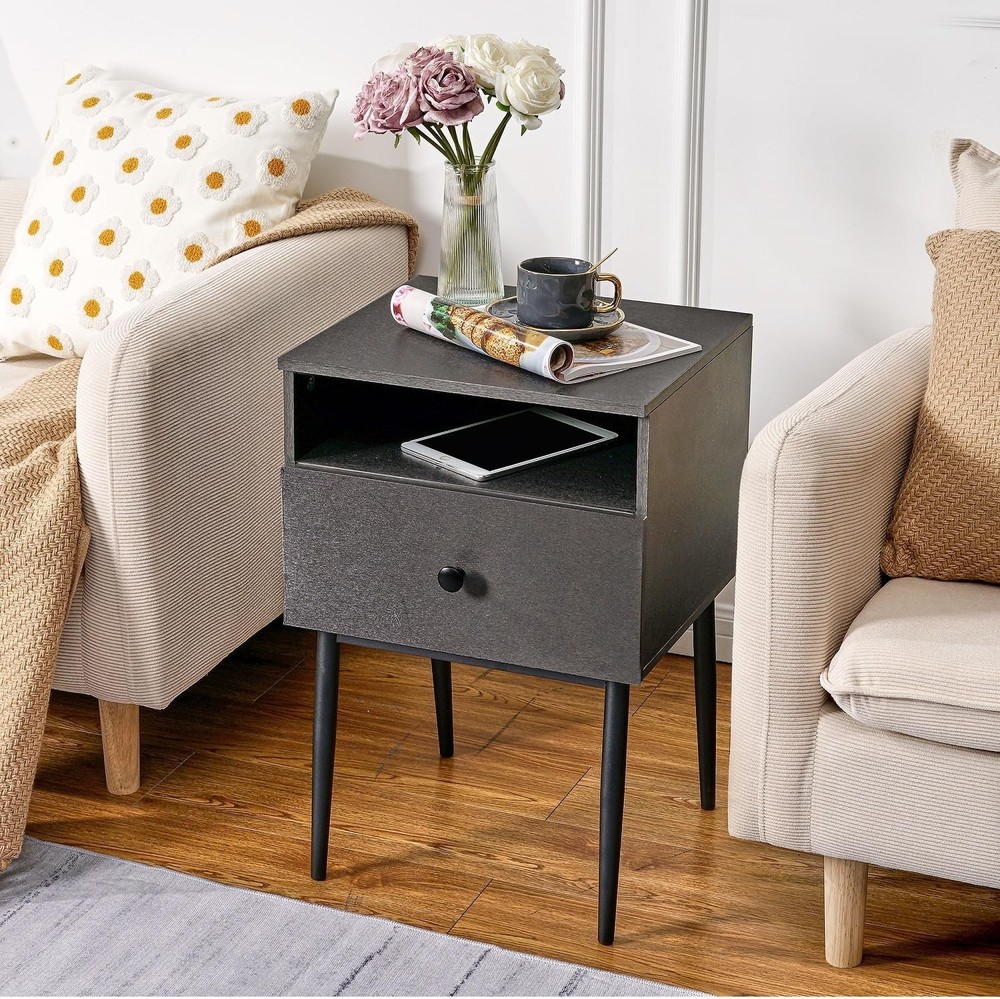 Modern Wood Night Stand,Square End Table Side Table W/ Drawer & Storage Space