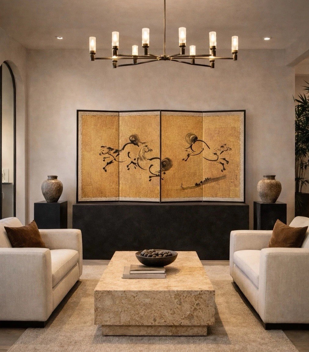 Byobu Horse Art Folding Screen Asian Ink Painted Spirited Horses 4 Panel