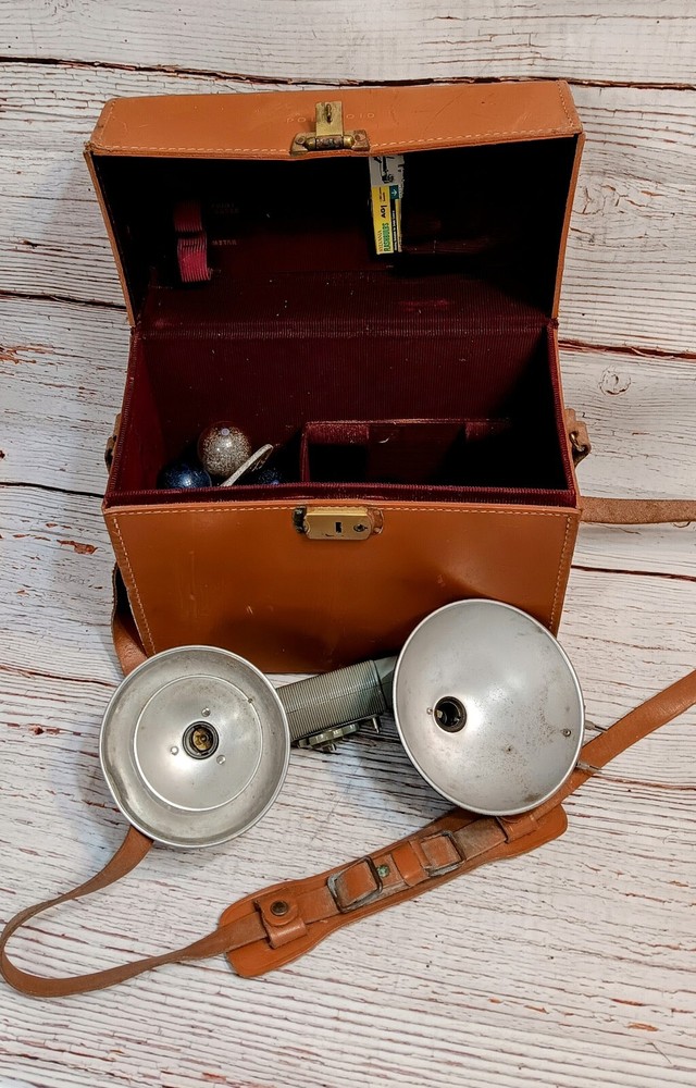 Vintage Brown Leather Polaroid Camera Case with assorted Flash Devices