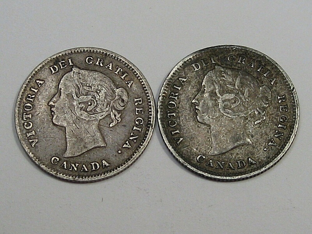 2 Victoria Silver 5¢ Cent CANADA: 1899 & 1888 Both w/ Problems - Bent/Scratched.