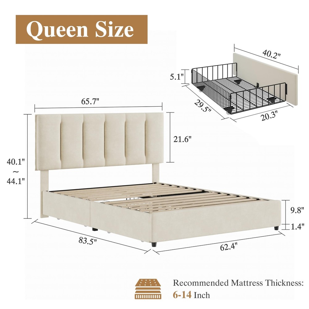 Queen Size Bed Frame with 4 Storage Drawers, Adjustable Height Headboard, Hea...