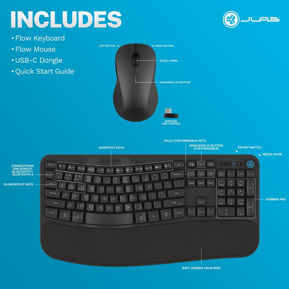 JLab Flow Wireless Keyboard & Mouse Combo: Multi-Device, Ergonomic Design, USB-C
