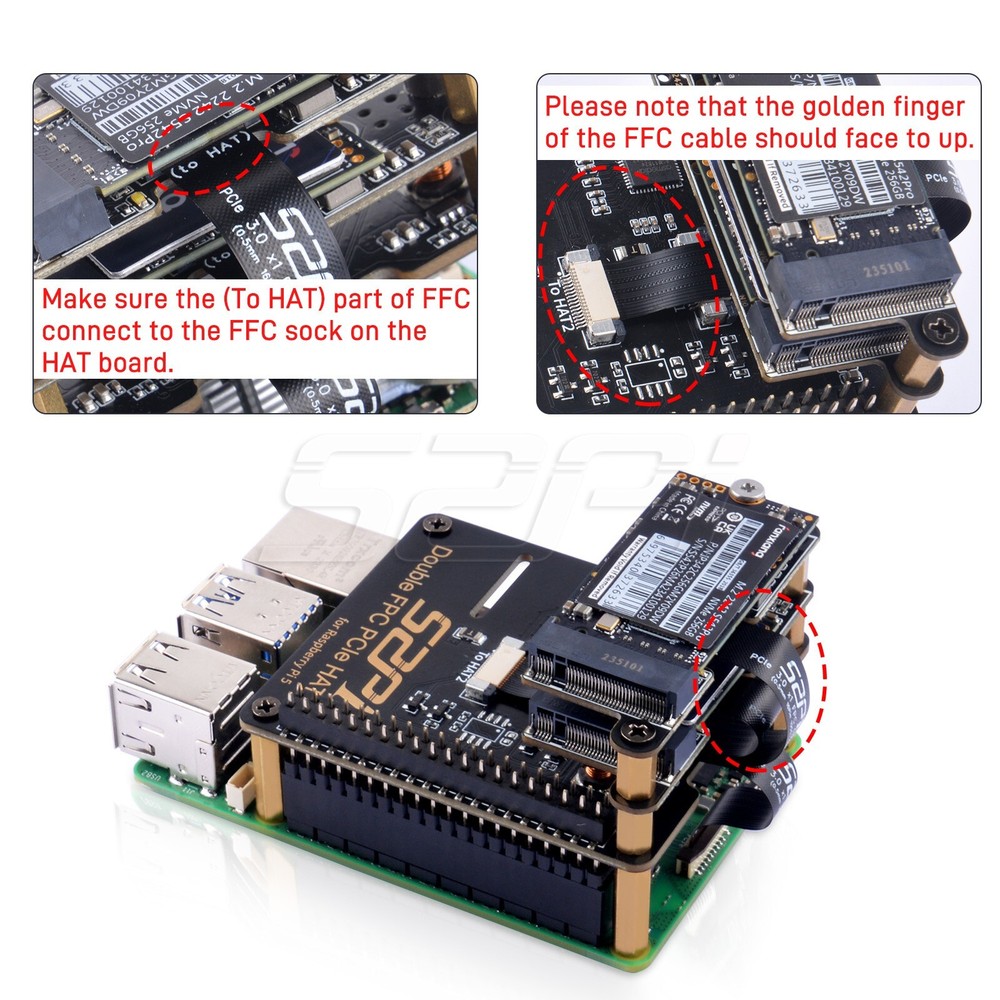 B12 Double FPC PCIe HAT Adapter Board for Raspberry Pi 5
