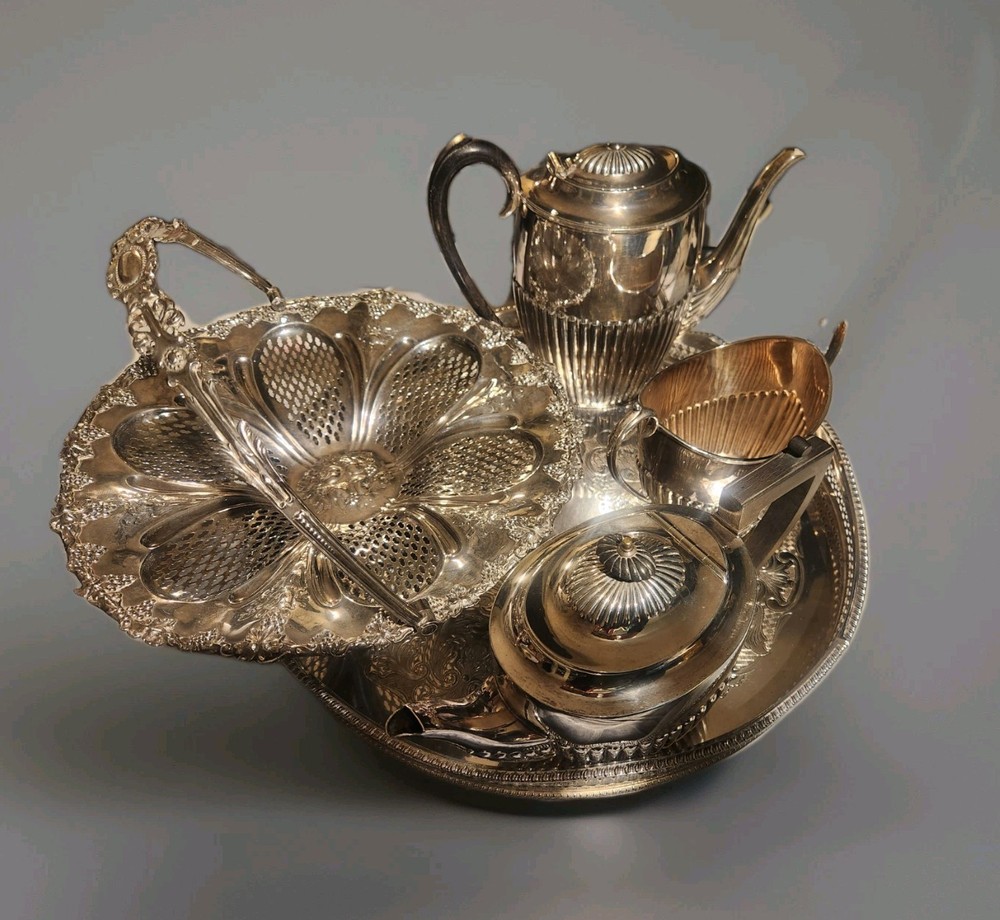 Queen Anne-style 4 Piece Coffee/Tea Set-- Additional Fruit Basket, Silver Plated
