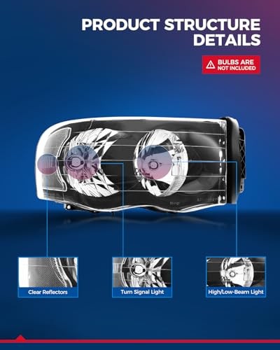 Headlight Assembly 2002 2003 2004 2005 Ram1500/Ram2500/Ram3500 Black-Clear