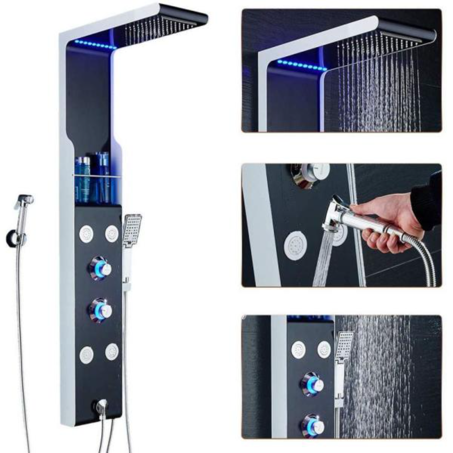 Waterfall LED Shower Head Black Luxury Tower Panel High Pressure Massage System