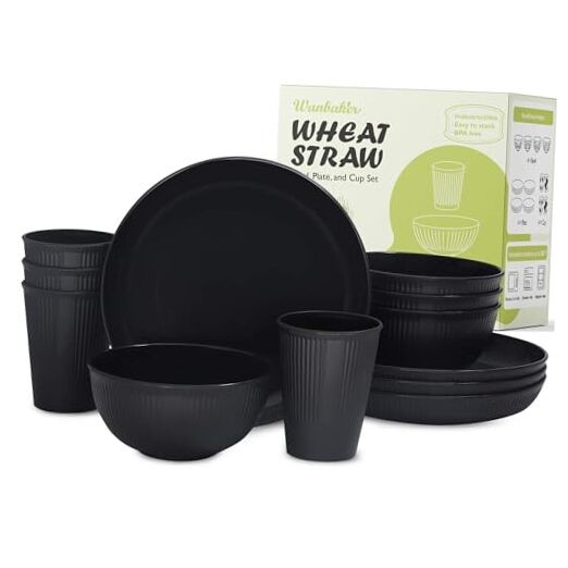 Wheat Straw Dinnerware Sets, Kitchen Unbreakable Wheat Straw Plates and Black