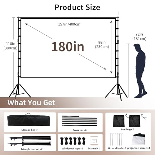 Projector Screen with Stand, Portable and Foldable Projection Screen 180 inch
