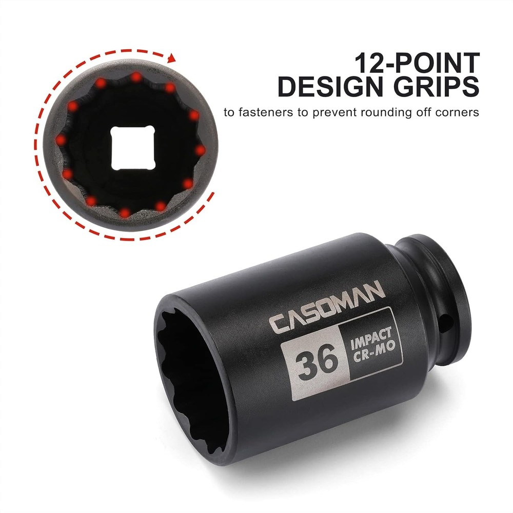 12" Drive Impact Socket 36mm 12-Point Chrome Molybdenum Durable for Axle Nuts
