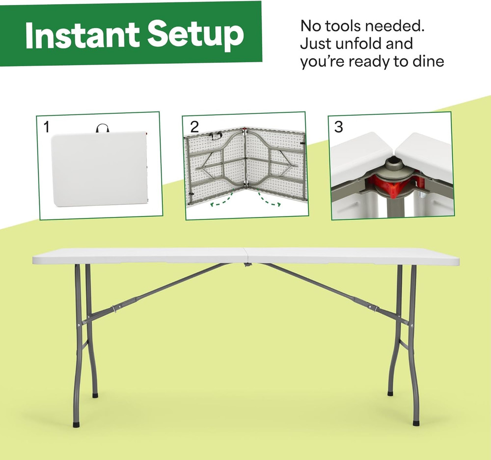 White 6Ft Folding Table with Handle | Heavy-Duty Foldable Table | Portable Table