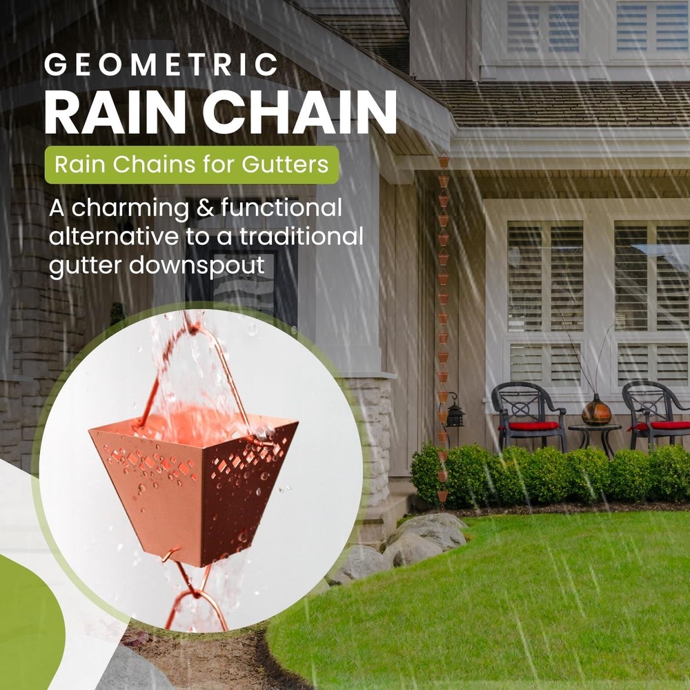Rain Chain Kit w/Adapter & Extension | Copper Rain Chains for Gutters 10 ft | Ra