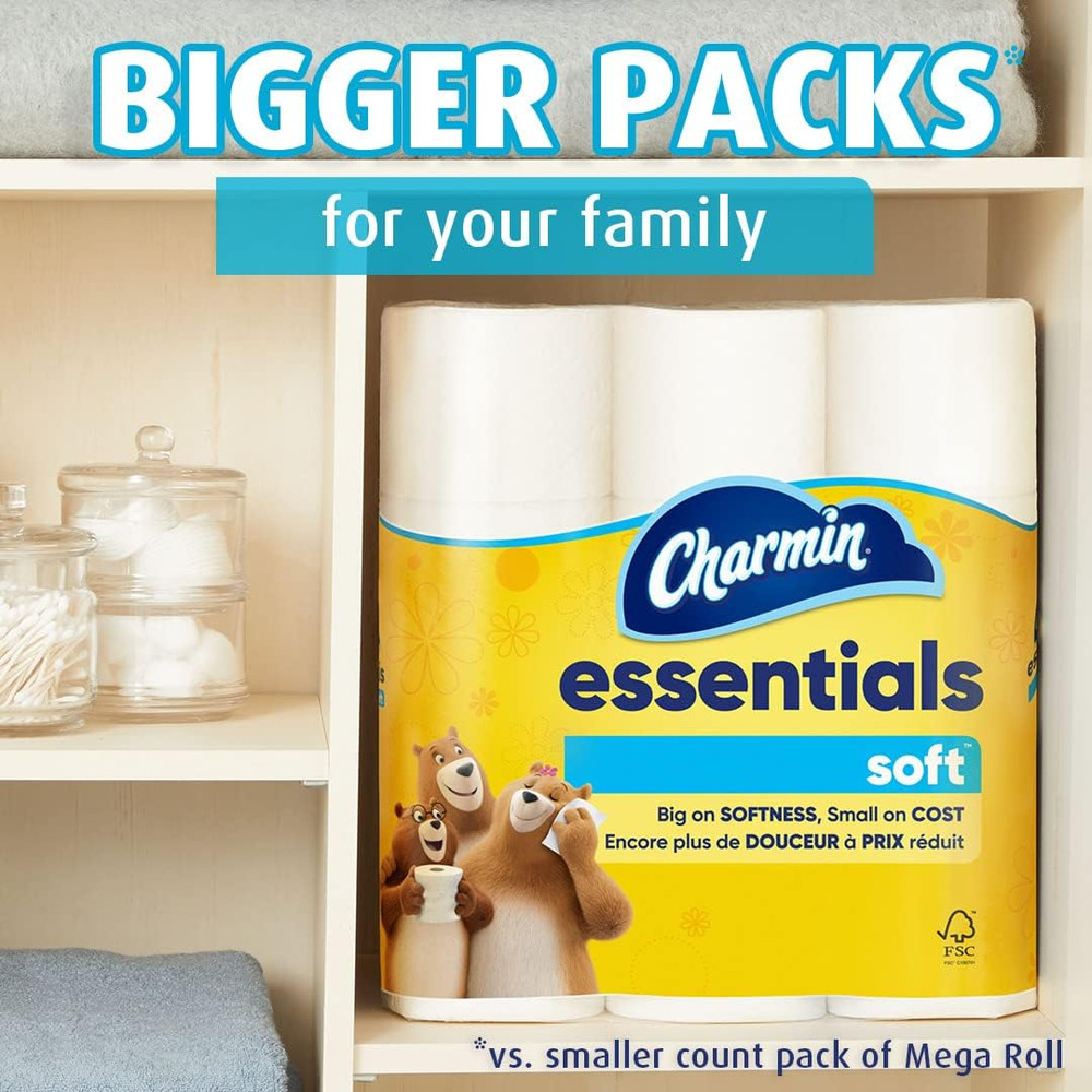 Essentials Soft Toilet Paper, 9 Mega Rolls = 36 Regular Rolls