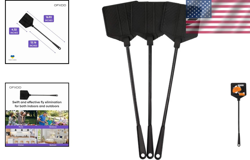 Black Rubber Fly Swatters - Long Handle 3 Pack
