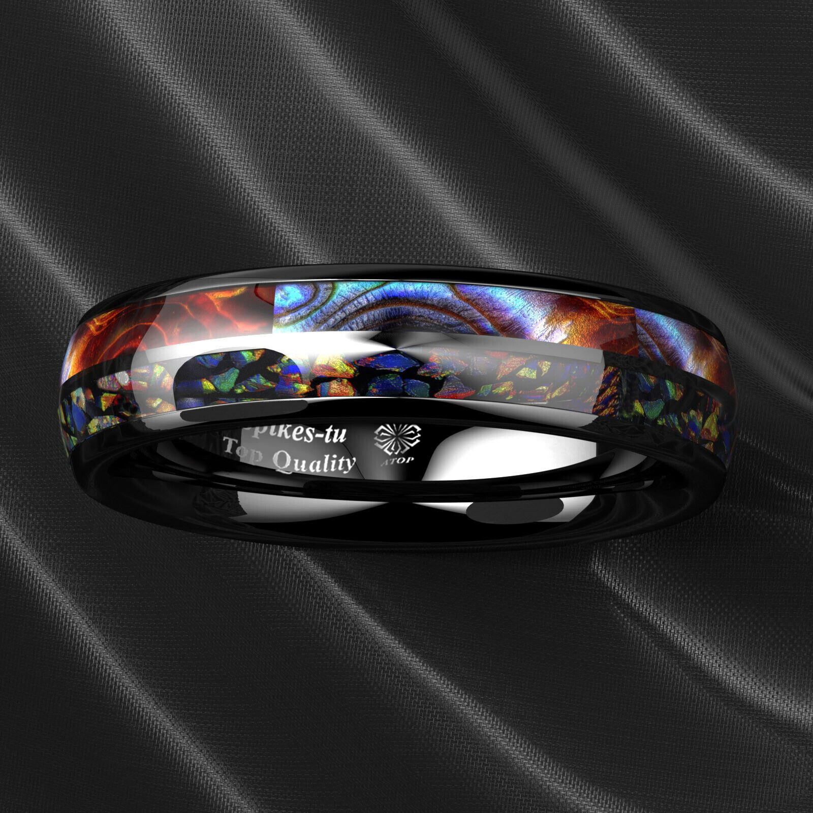 8/6mm Black Tungsten Ring Hawaiian Opal and Abalone Inlay Men ATOP Wedding Band